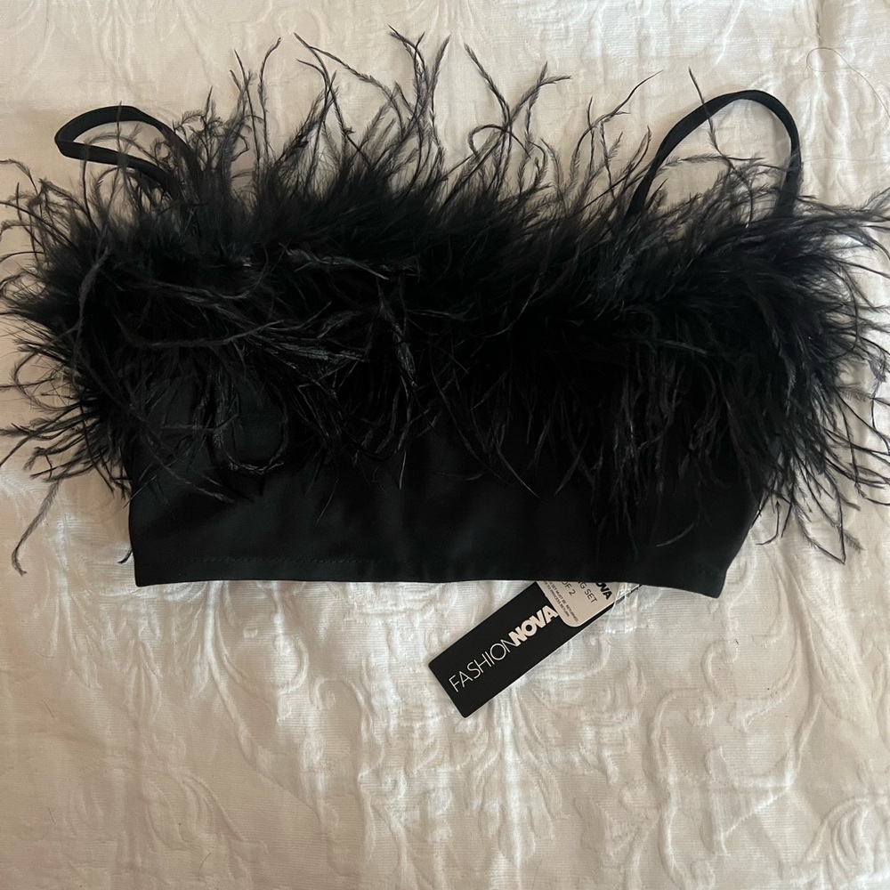 Fashion nova black feathered going out top